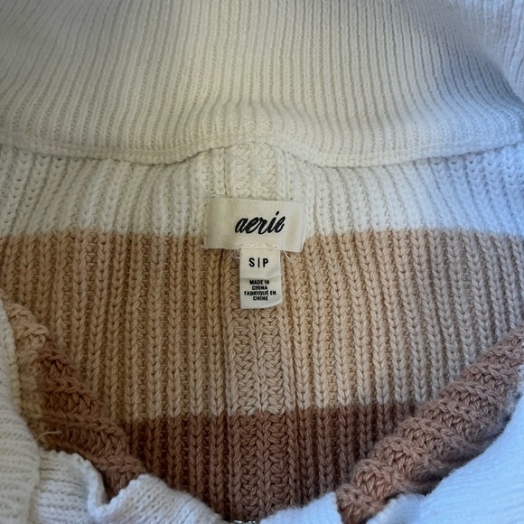 Aerie Beyond Neutral Stripe Knit Oversized Slouchy 1/4 Zip Pullover Sweater S - Picture 3 of 5